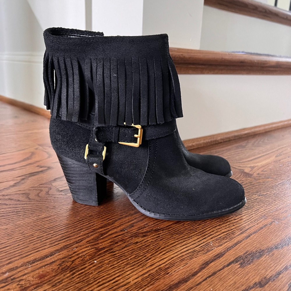 LRL Ralph Lauren Mara Black Suede Fringe Ankle Boots Gold Buckle 7.5B 11739 G14 - Picture 15 of 15